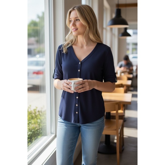 Carmen Marc Valvo Navy Blue V-Neck Button Front Roll Tab Sleeve Top Medium - Picture 1 of 5